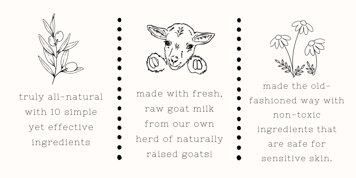Three vertical panels with simple black line drawings and text on a light beige background. The left panel shows a plant illustration and the text 'truly all-natural with 10 simple yet effective ingredients.